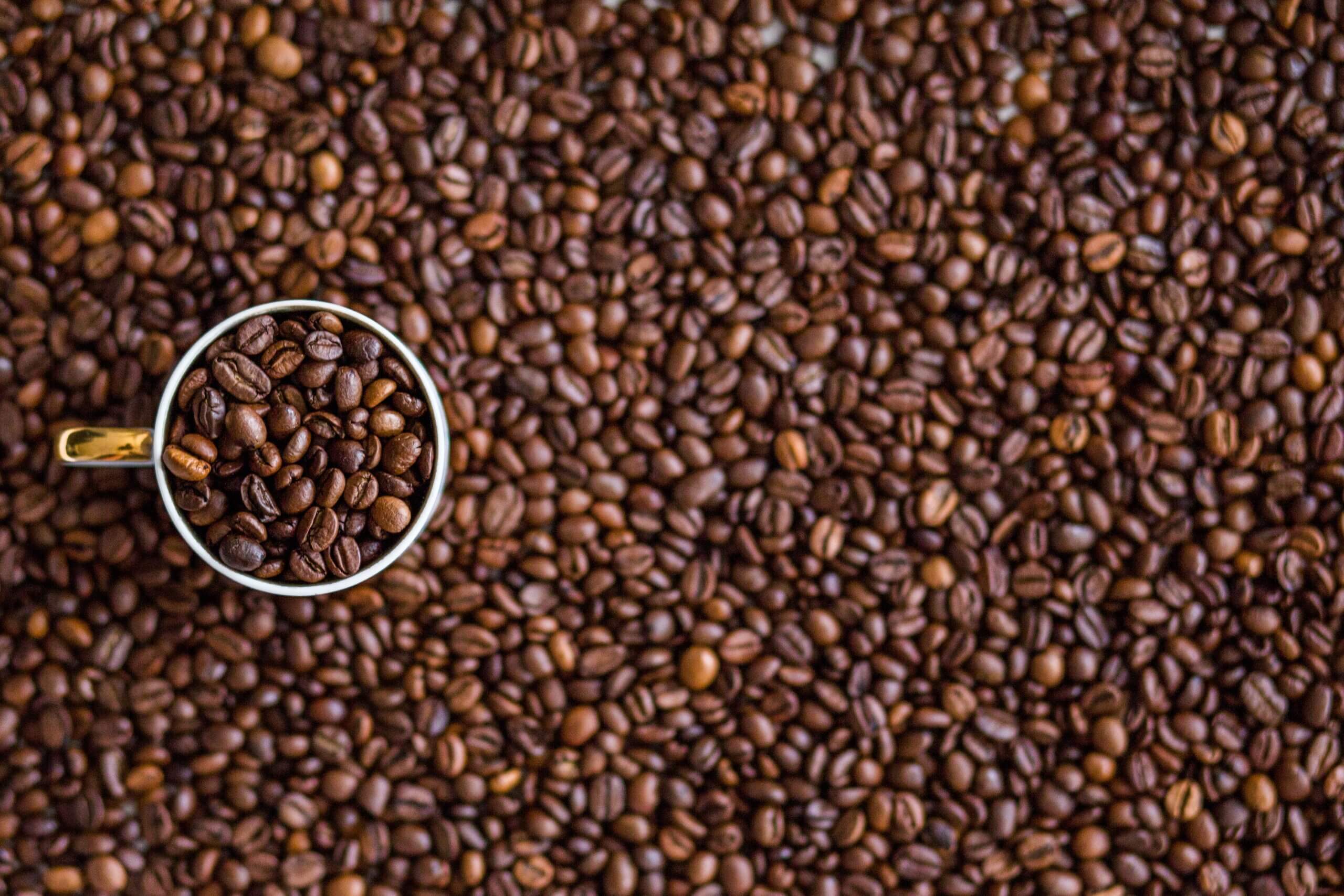 Image of a coffee mug holding coffee beans with coffee beans in the background